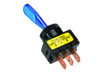 tuimelschakelaar blauw, met gloeilamp aan-uit 12v, 20a 3 tab contacten installatie afmeting ø13 mm