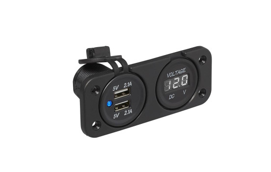 Kit de empotrar: voltímetro 6-30 V + doble puerto USB (2 x 2100 mA)