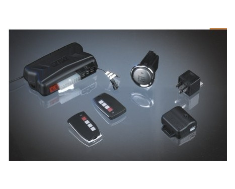 Universal 1-way car alarm with start / stop button and 2 remote controls