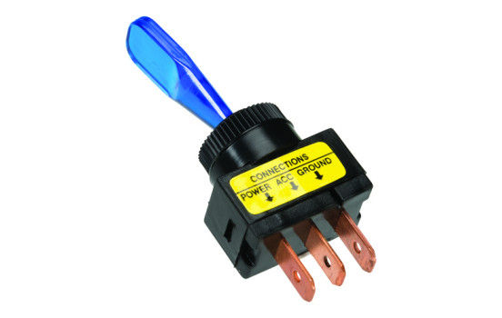 rocker switch blue, with light bulb on-off 12v, 20a 3 tab contacts installation dimensions ø13 mm