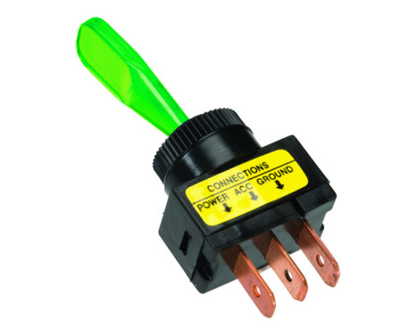 rocker switch green, with light bulb on-off 12v, 20a 3 tab contacts installation dimensions ø13mm
