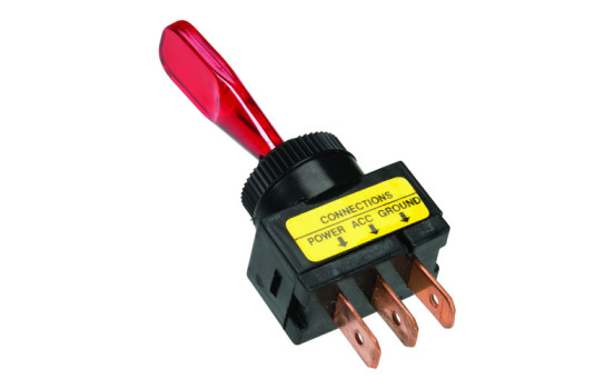 toggle switch red, with light bulb on-off 12v, 20a 3 tab contacts installation dimensions ø13mm