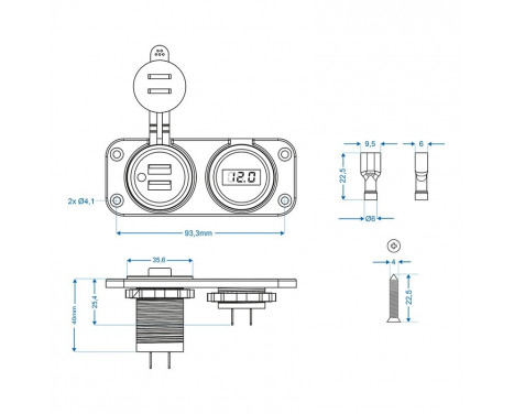 Installation kit: voltmeter 6-30V + USB port double 2x2100mA, Image 7