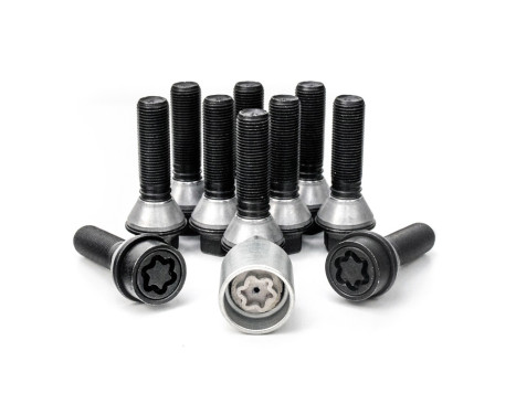 Juego de tornillos de rueda H&R, cónicos con anillo móvil M14x1,25 - Longitud 48 mm - Negro - 10 piezas (p. ej. BM