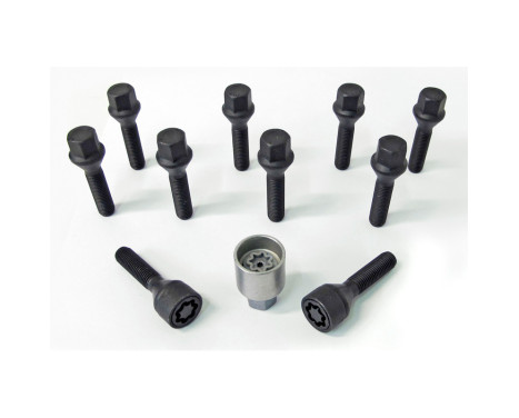 Juego de tornillos de rueda H&R, cónicos, M12x1,50, longitud 35 mm, negros, 10 piezas, incluidos seguros de rueda.