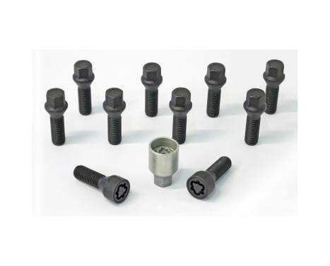 Juego de tornillos de rueda H&R, cónicos, M14x1,25, longitud 48 mm, negros, 10 piezas, incluidos seguros de rueda.