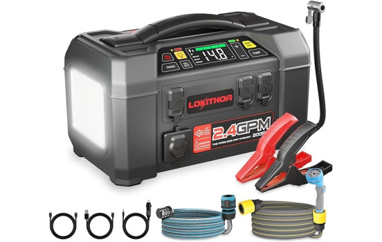 Arrancador de batería Lokithor AW401 Lithium 2500A con compresor y limpiador de alta presión