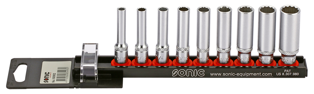 Socket set 1/4 ", 12-sided long (SAE) 9-piece on rail