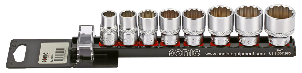 Socket set 3/8 ", 12-sided (SAE) 8-sided on rail