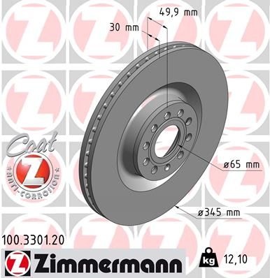 ZIMMERMANN Brake disc VW,AUDI,SKODA 100.3301.20 1K0615301AR,1K0615301M,1K0615301AB Brake rotor,Brake discs,Brake rotors 1K0615301AR,1K0615301M