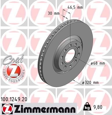 ZIMMERMANN Brake disc Externally Vented 100.1249.20 Brake rotor,Brake discs AUDI,SEAT,A4 Avant (8ED, B7),A4 Limousine (8D2, B5),A6 Avant (4B5, C5)