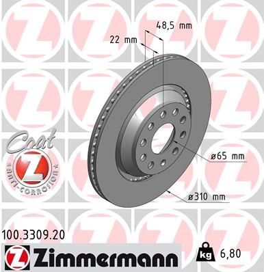 ZIMMERMANN Brake disc VW,AUDI,SKODA 100.3309.20 1K0615601N,5Q0615601E,1K0615601N Brake rotor,Brake discs,Brake rotors 3QF615601A,5Q0615601E,5Q0615601S