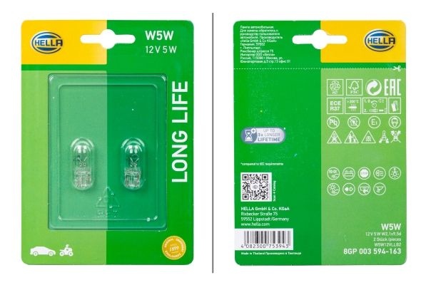 Hella Longlife W5W, 12V5W (2 pieces) 8GP 003 594163
