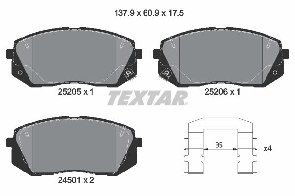 TEXTAR Brake pad set HYUNDAI,KIA 2520501 101850569,581012SA70,581012SA75 581013SA20,581013SA30,581013SA35,581013ZA06,581013ZA10,581013ZA16,581013ZA70