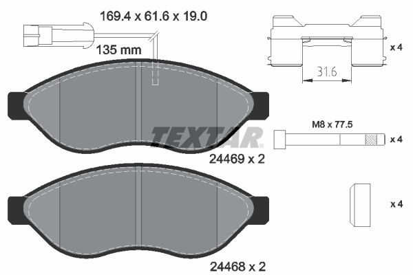 TEXTAR Brake pad set Q+ with integrated wear warning contact 2446902 Brake pads,Brake pad set, disc brake OPEL,FIAT,PEUGEOT,Movano C Kastenwagen (U9)
