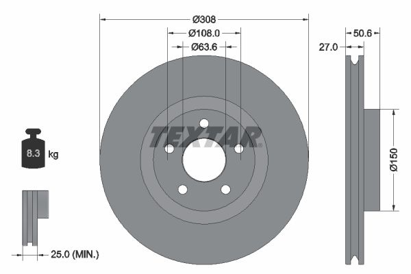 TEXTAR Brake disc PRO internally vented 92306703 Brake rotor,Brake discs FORD,Focus Mk4 Turnier (HP),Kuga Mk3,Focus Mk4 Schrägheck (HN)