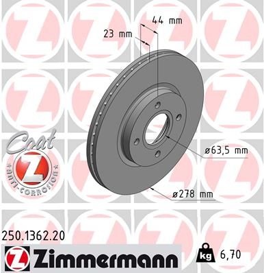 ZIMMERMANN Brake disc internally vented 250.1362.20 Brake rotor,Brake discs FORD,Fiesta Mk6 Schrägheck (JA8, JR8),B-MAX (JK),Fiesta Mk6 Kastenwagen