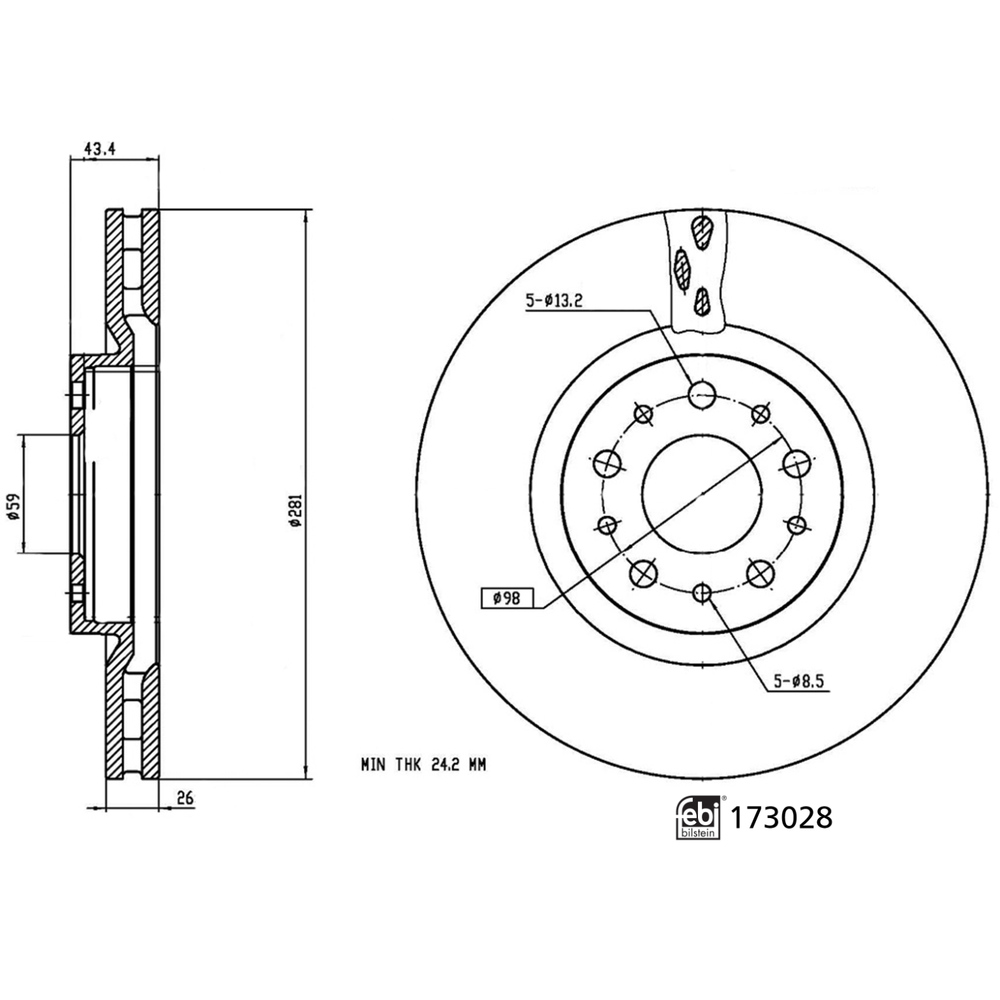 FEBI BILSTEIN Brake disc Front Axle 173028 Brake rotor,Brake discs FIAT,TIPO Schrägheck (356_),TIPO Kombi (356_),TIPO Stufenheck (356_)
