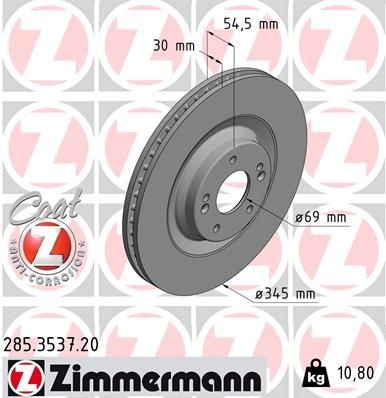 ZIMMERMANN Brake disc COAT Z internally vented 285.3537.20 Brake rotor,Brake discs HYUNDAI,i30 Schrägheck (PDE, PD, PDEN),i30 III Fastback (PDE, PDEN)