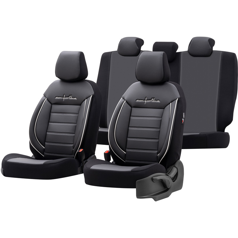 Universal Leather/Cloth Seat Cover Set 'Comfortline' Black/Grey + White edge - -piece