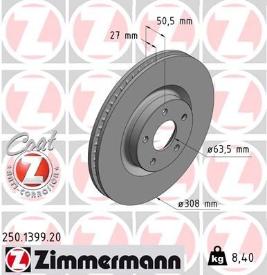 ZIMMERMANN Brake disc COAT Z internally vented 250.1399.20 Brake rotor,Brake discs FORD,Focus Mk4 Turnier (HP),Focus Mk4 Schrägheck (HN)