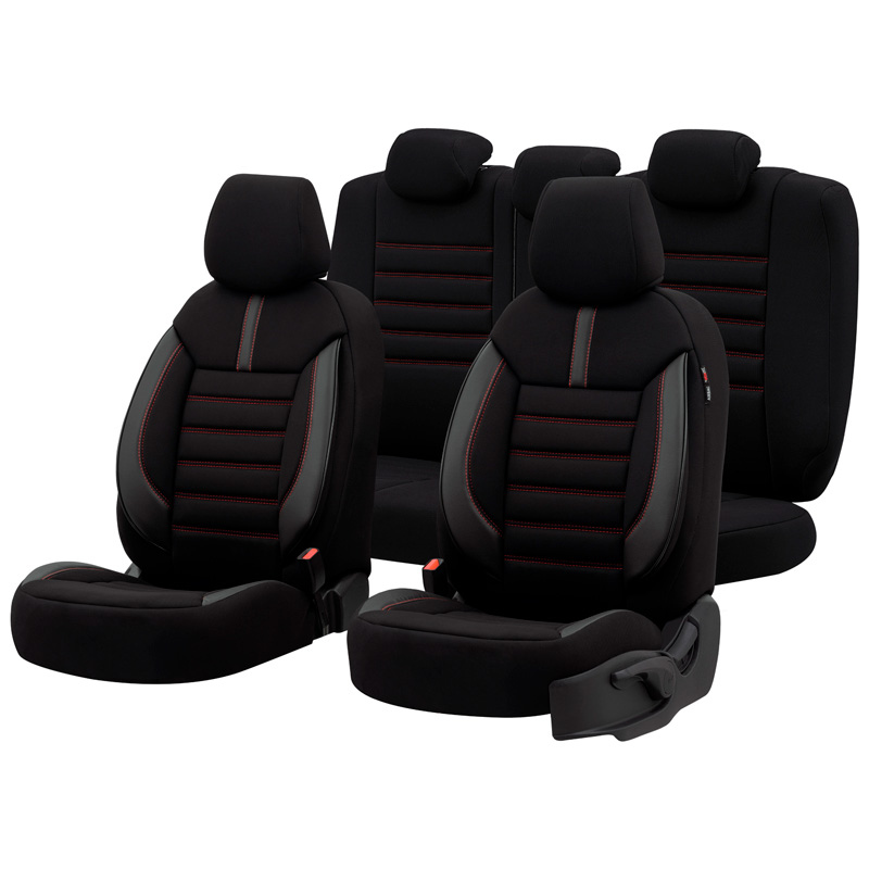 Universal Fabric/Leather Seat Cover Set 'Limited' Black + Red Stitching - -piece