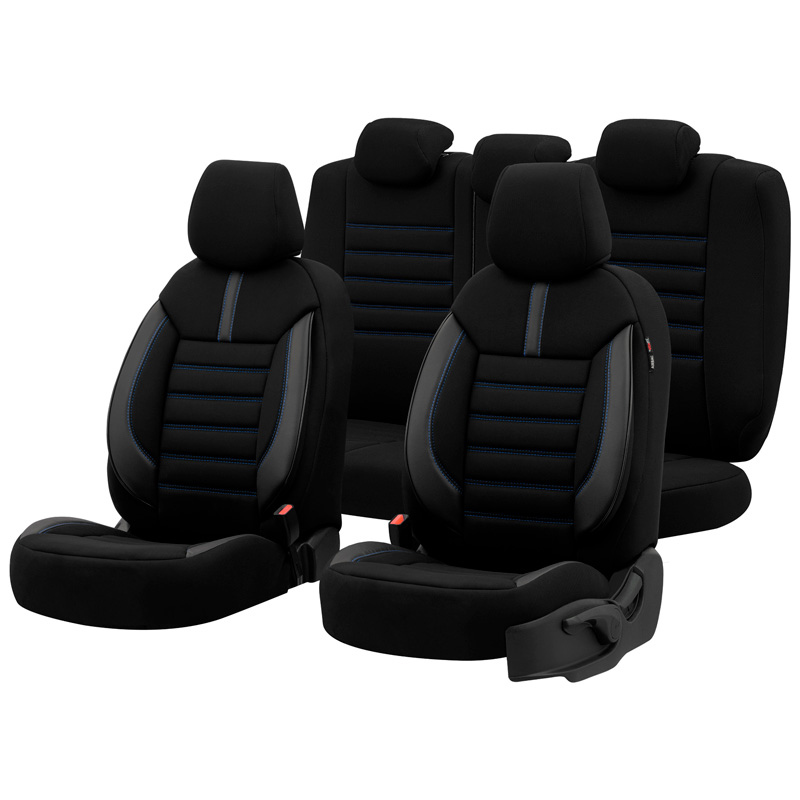 Universal Fabric/Leather Seat Cover Set 'Limited' Black + Blue stitching - -piece