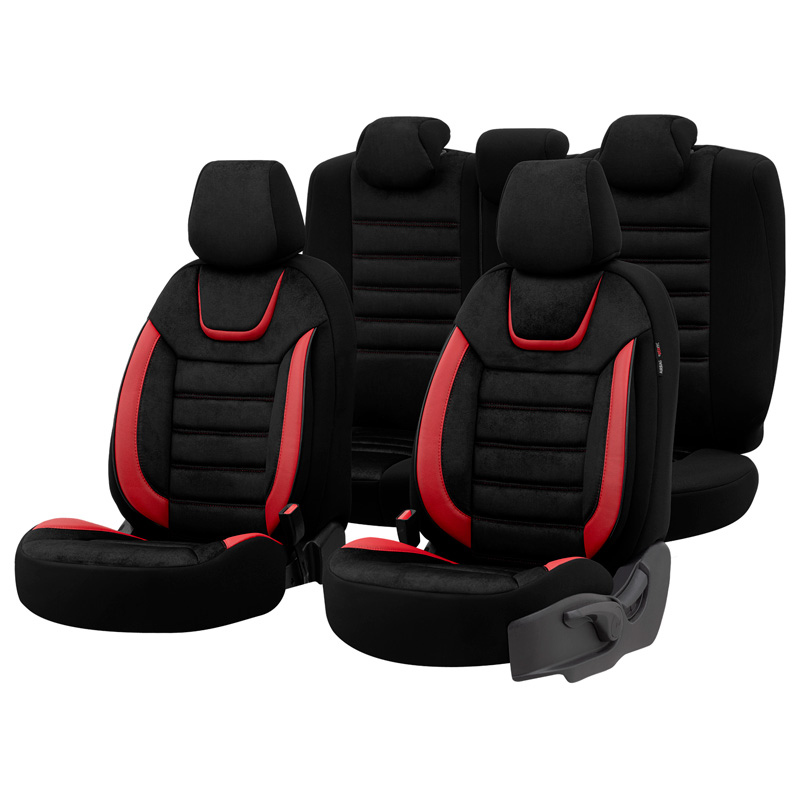 Universal Suede/Leather/Cloth Seat Cover Set 'Iconic' Black/Red - -piece