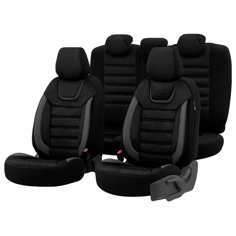 Universal Suede/Leather/Cloth Seat Cover Set 'Iconic' Black/Grey - -piece