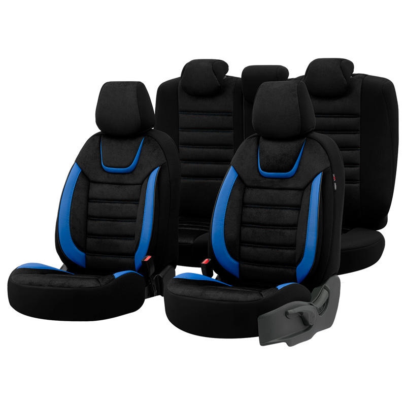 Universal Suede/Leather/Cloth Seat Cover Set 'Iconic' Black/Blue - -piece