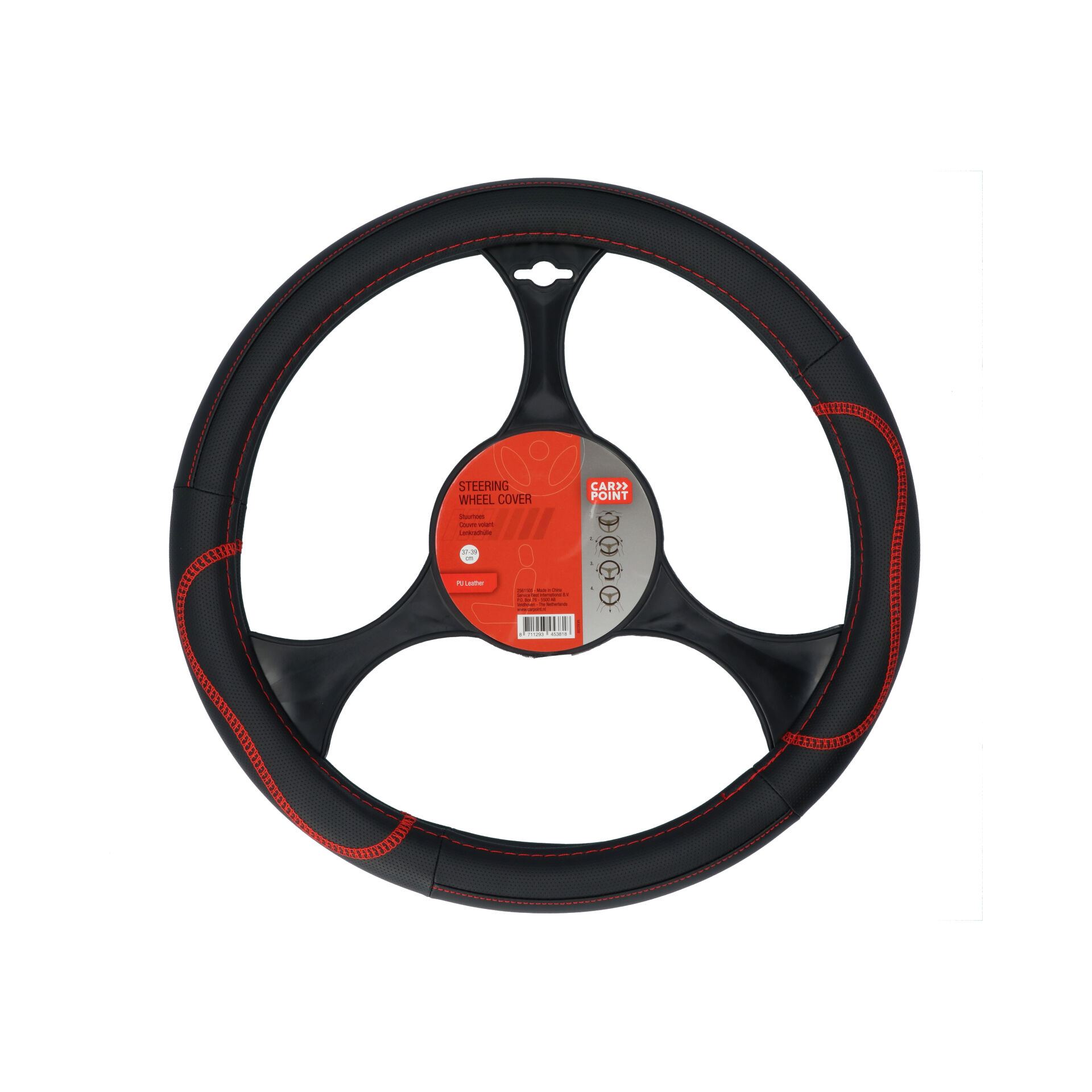 Carpoint Steering wheel cover PU Leather black/red accents 37-39cm