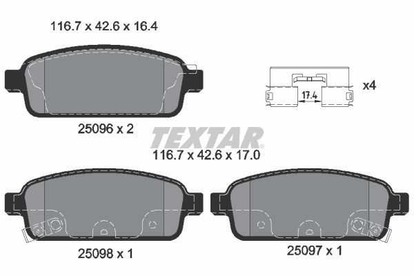 TEXTAR Brake pad set OPEL,CHEVROLET,VAUXHALL 2509602 13408579,42518441,133192294 13404405,13411380,13411383,42793718,101720449,0542039,0542040,1605140