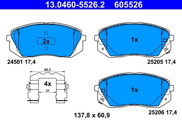 ATE Brake pad set with acoustic wear warning 13.0460-5526.2 Brake pads,Brake pad set, disc brake HYUNDAI,KIA,Tucson (TL, TLE),Kona (OS)