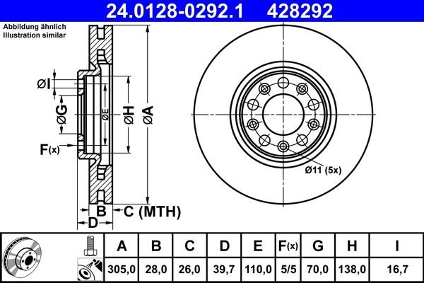 ATE Brake disc Vented 24.0128-0292.1 Brake rotor,Brake discs FIAT,JEEP,ALFA ROMEO,500X (334_),Renegade SUV (BU, B1),Compass (MP, M6),Tonale (965)