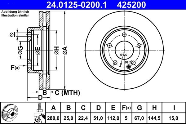 ATE Brake disc MERCEDES-BENZ 24.0125-0200.1 2464210012,2464211112,A2464210012 Brake rotor,Brake discs,Brake rotors A2464211112