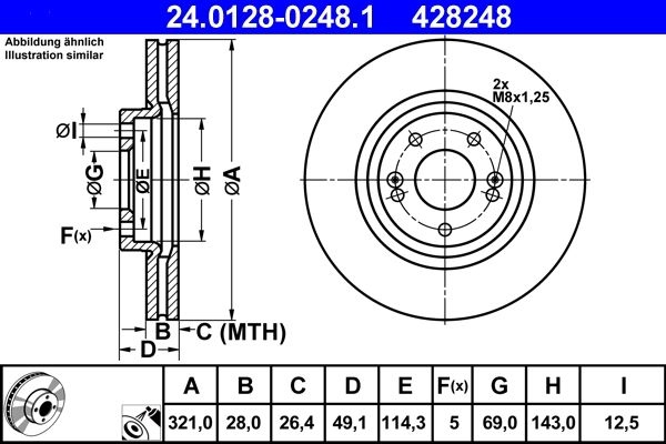 ATE Brake disc Vented 24.0128-0248.1 Brake rotor,Brake discs HYUNDAI,KIA,SANTA FÉ II (CM),Santa Fé III (DM),Grand Santa Fé (DM),Santa Fé IV (TM)