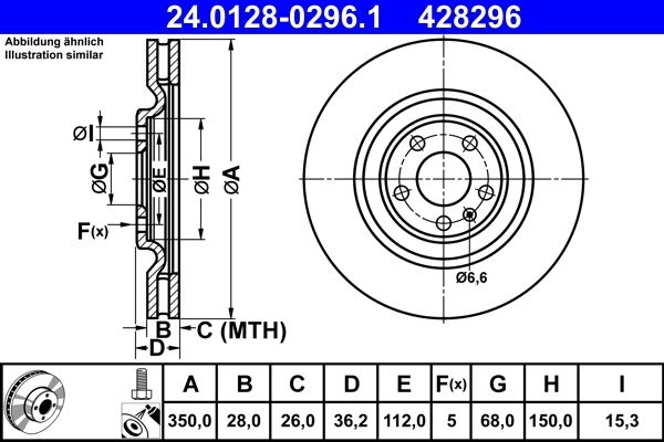 ATE Brake disc Vented 24.0128-0296.1 Brake rotor,Brake discs VW,AUDI,Touareg (CR7),Q7 (4MB),A6 Avant (4A5, C8),A6 Limousine (4A2, C8)