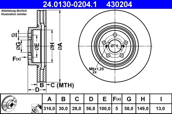 ATE Brake disc Vented 24.0130-0204.1 Brake rotor,Brake discs SUBARU,FORESTER (SJ),Legacy IV Kombi (BP),Legacy V Kombi (BR),Outback (BR)