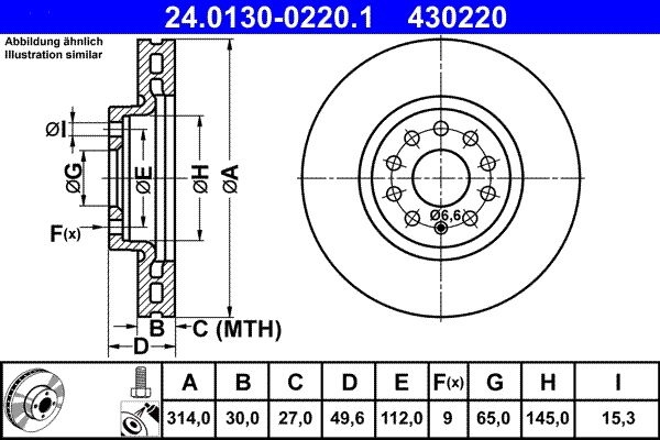 ATE Brake disc VW,SKODA,SEAT 24.0130-0220.1 1K0615301AJ,5QF615301A,1K0615301AJ Brake rotor,Brake discs,Brake rotors 5QF615301A,1K0615301AJ,5QF615301A