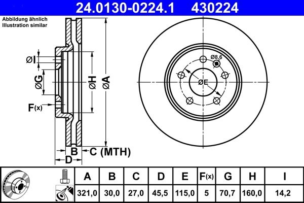 ATE Brake disc Vented 24.0130-0224.1 Brake rotor,Brake discs OPEL,VAUXHALL,Astra J Sports Tourer (P10),ASTRA J,ZAFIRA TOURER C (P12),Astra J GTC (P10)