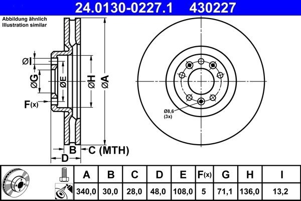 ATE Brake disc Vented 24.0130-0227.1 Brake rotor,Brake discs PEUGEOT,CITROËN,508 SW I (8E_),407 SW (6E_),407 (6D_),508 I (8D_) Limousine