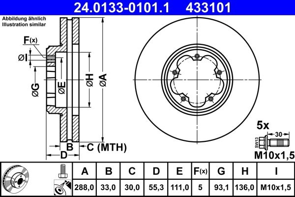 ATE Brake disc Vented 24.0133-0101.1 Brake rotor,Brake discs FORD,Transit Mk7 Kastenwagen (V363, FCD, FDD),Transit Custom V362 Kastenwagen (FY, FZ)