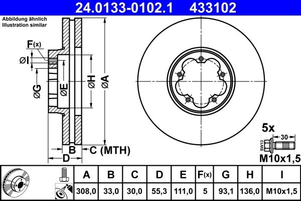 ATE Brake disc Vented 24.0133-0102.1 Brake rotor,Brake discs FORD,Transit Mk7 Kastenwagen (V363, FCD, FDD),Transit Custom V362 Kastenwagen (FY, FZ)