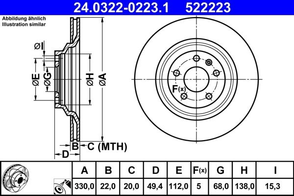 ATE Brake disc Vented 24.0322-0223.1 Brake rotor,Brake discs AUDI,A6 Avant (4F5, C6),A6 Limousine (4F2, C6)