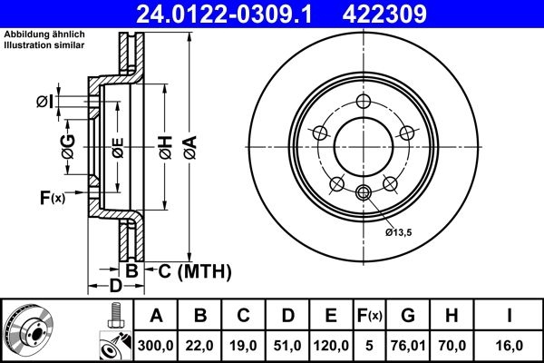 ATE Brake disc Vented 24.0122-0309.1 Brake rotor,Brake discs VW,MAN,Amarok Pickup (2HA, 2HB, S1B, S6B, S7A, S7B),Crafter Kastenwagen (SY_, SX_)