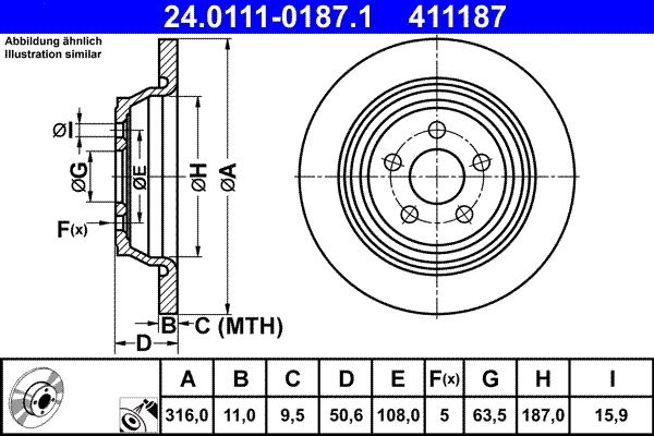 ATE Brake disc FORD,FORD USA 24.0111-0187.1 2019881,5310798,E1GC2A315CB Brake rotor,Brake discs,Brake rotors E1GC2A315CC