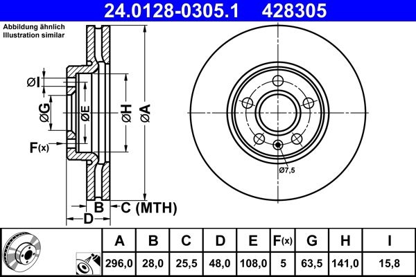 ATE Brake disc Vented 24.0128-0305.1 Brake rotor,Brake discs VOLVO,V90 II Kombi (235, 236),V60 II (225, 227),S90 II (234),S60 III (224)