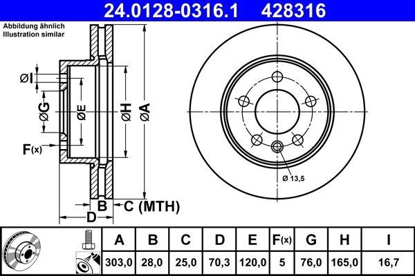 ATE Brake disc Vented 24.0128-0316.1 Brake rotor,Brake discs VW,MAN,Crafter Kastenwagen (SY_, SX_),California T6 Bus (SGC, SGG, SHC),CRAFTER Bus (SY_)