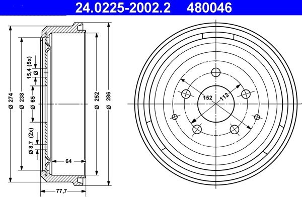 ATE Brake Drum 24.0225-2002.2 Rear Brakes,Drum Brake VW,TRANSPORTER III Bus,Transporter T3 Kastenwagen,TRANSPORTER III Pritsche/Fahrgestell