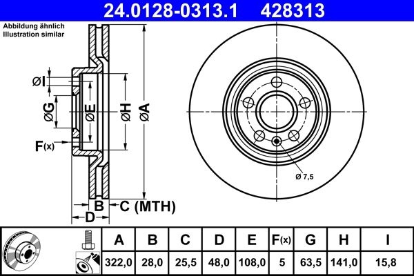 ATE Brake disc Vented 24.0128-0313.1 Brake rotor,Brake discs VOLVO,XC60 II (246),XC40 (536),V90 II Kombi (235, 236),V60 II (225, 227),S90 II (234)